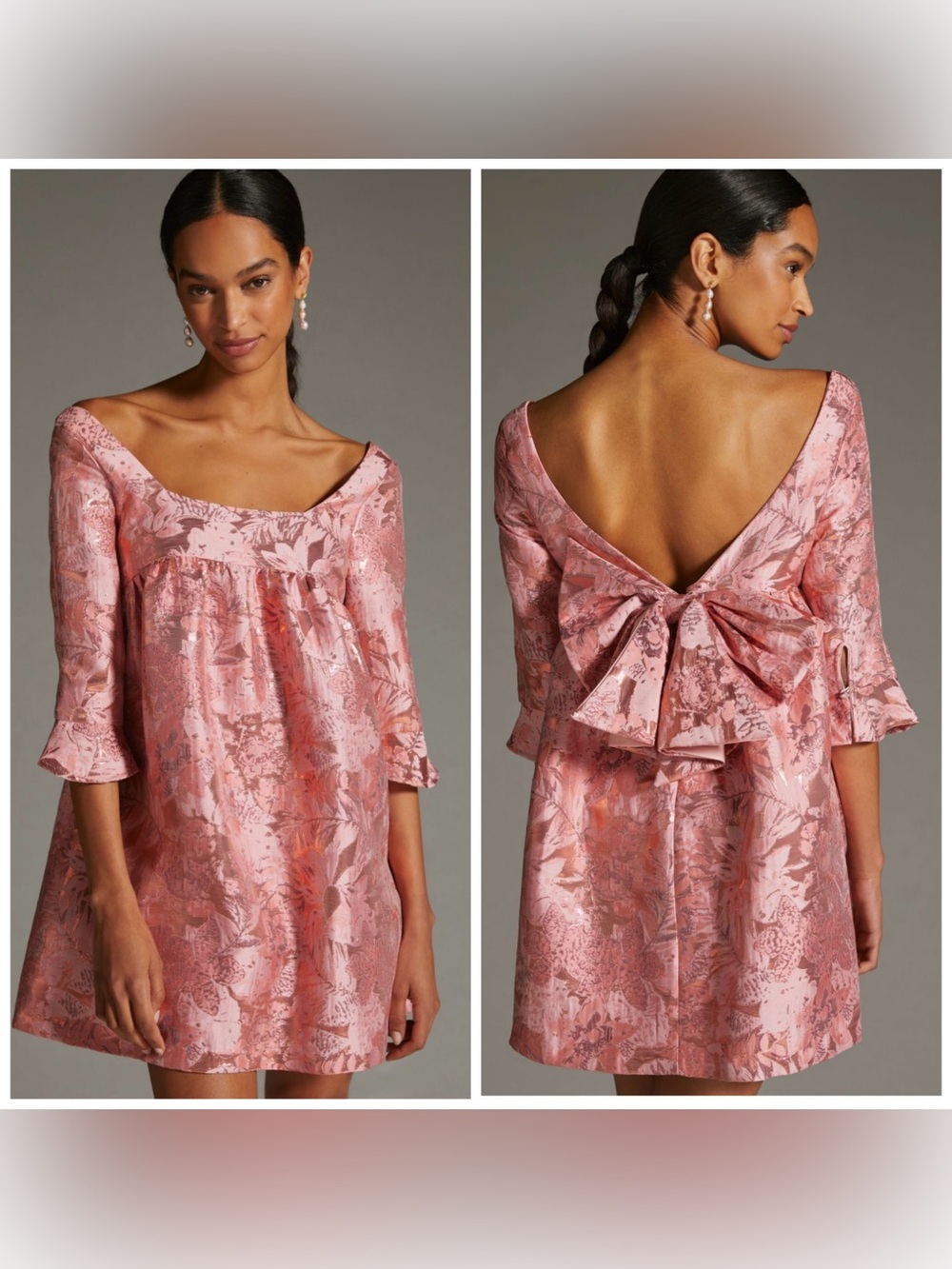 Anthropologie Eva Franco Baby Doll Bow Dress Pink Metallic Mini Size 6‎